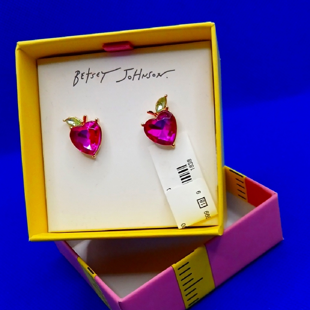 Betsey Johnson Fuchsia Heart Earrings with Gold Leaves